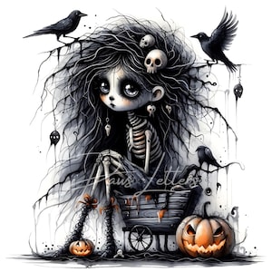 Könnte beinhalten: Aquarellillustration eines gothischen Mädchens mit langen schwarzen Haaren, einem Skelettorso und großen Augen. Sie sitzt in der Nähe eines Holzkarrens mit einem geschnitzten Kürbis und Krähen. Das Bild hat ein Halloween-Thema.
