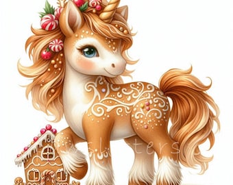May include: A whimsical illustration of a gingerbread unicorn with a golden horn, flowing mane, and a decorative gingerbread house. The unicorn is adorned with candy and berries, with white icing details on its body. The overall color palette is warm, featuring shades of brown, white, and red.