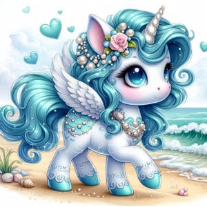 Clipart licorne d'été brise de mer, 10 fichiers JPG de haute qualité, chambre d'enfant licornes aquarelle, licorne plage, vacances d'été à imprimer