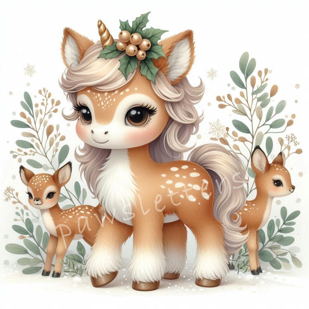 Winter Fawn Unicorn Clip Art 10 High Res Watercolor Jpgs, Junk Journal ...