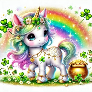 Saint Patrick's day Rainbow Clover Unicorn Clipart, Set of 10 High Quality 300 DPI JPEGs, Unicorn Printables, Nursery Decor, Commercial Use