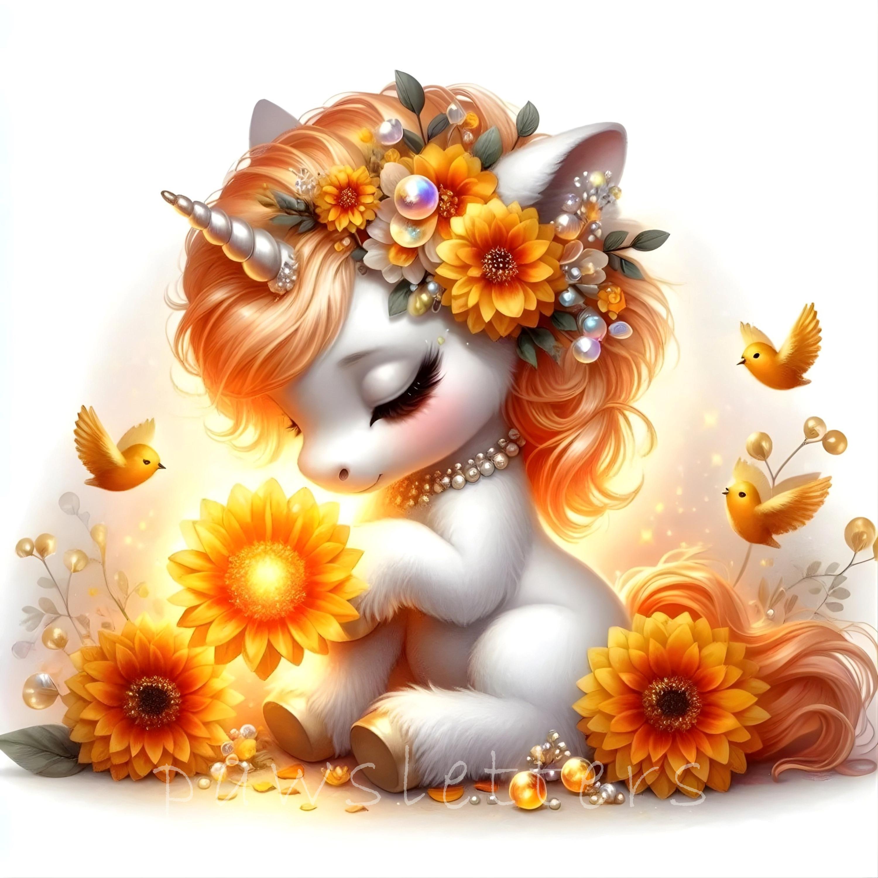 Marigold Floral Unicorn Clipart - Spring Bloom Unicorns Autumn Floral ...