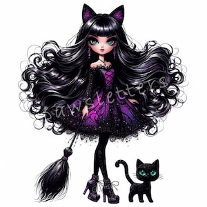 Clip Art de boneca bruxa gato preto 10 JPGs aquarela de alta resolução para diário de lixo, álbum de recortes, artesanato em papel assustador de Halloween, imprimíveis de temporada assustadora