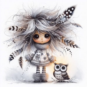 Moonlit Owl Keeper Clipart  | Set of 10 | High Quality 300 DPI JPEGs | Whimsical Ephemera | Fantasy Junk Journal | Cute Dolls Paper Craft