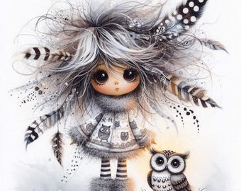 Moonlit Owl Keeper Clipart  | Set of 10 | High Quality 300 DPI JPEGs | Whimsical Ephemera | Fantasy Junk Journal | Cute Dolls Paper Craft