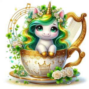 Saint Patrick's day Golden Harp Unicorn Clipart, Set of 10 High Quality 300 DPI JPEGs, Unicorn Printables Art, Nursery Decor, Commercial Use