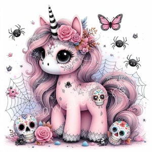 Watercolor Cute Halloween Clipart Bundle 10 High Res JPGs Spiderweb Sugar Unicorn Clipart, Kids Halloween Spooky Season Printables,Whimsical