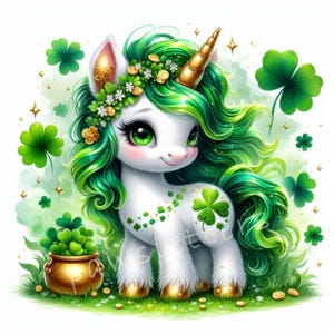 Clipart licorne trèfle des champs de la Saint-Patrick, lot de 10 fichiers JPEG 300 DPI de haute qualité, imprimables licorne, décoration de chambre d'enfant, usage commercial
