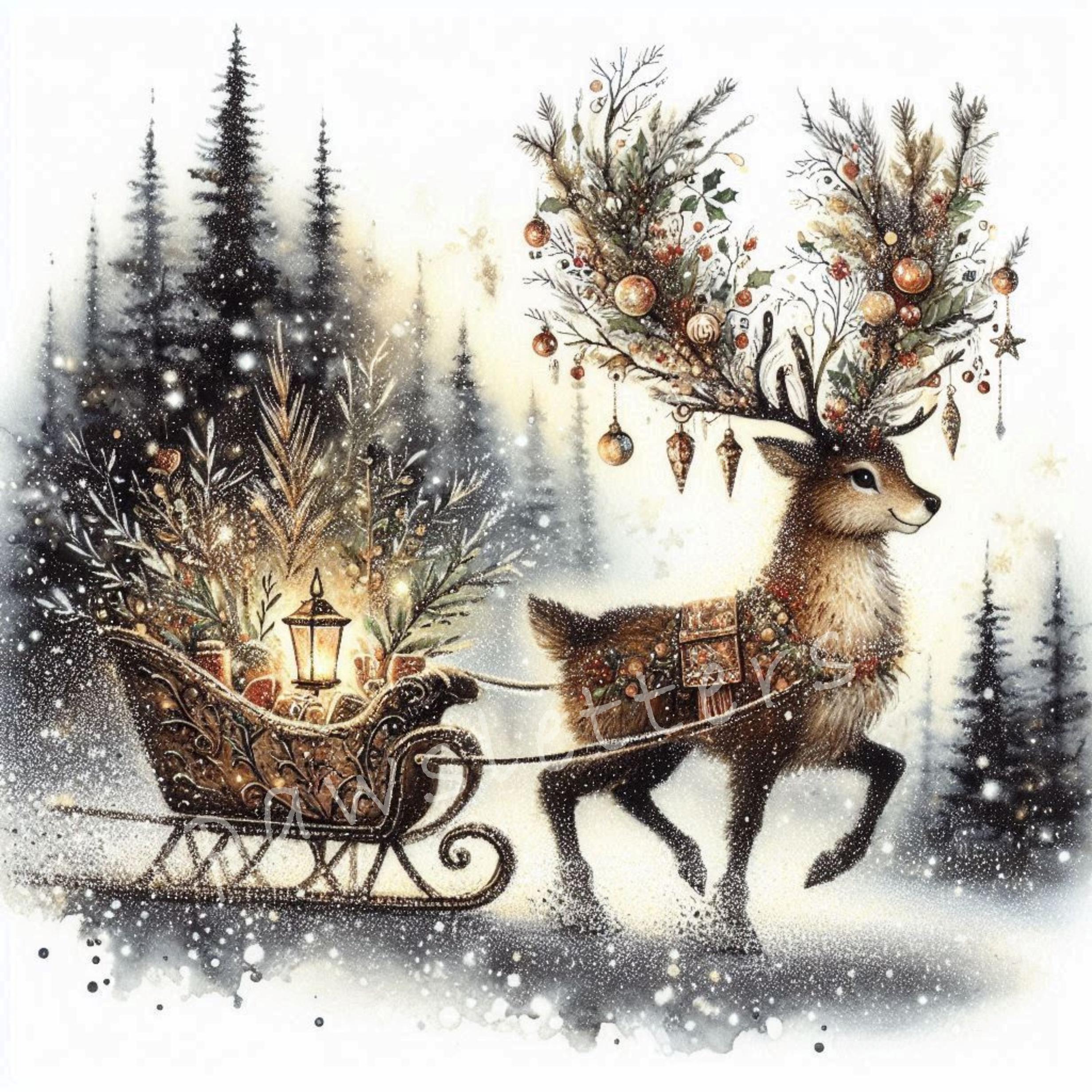 Woodland Reindeer Sleigh Clipart 10 High Res Watercolor Jpgs Christmas ...
