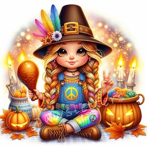 Thanksgiving kabouters clipart 10 hoge resolutie aquarel JPGs vrede kabouter kunst, schattige punk vredesteken kabouter, hippie cottagecore herfst herfst graphics