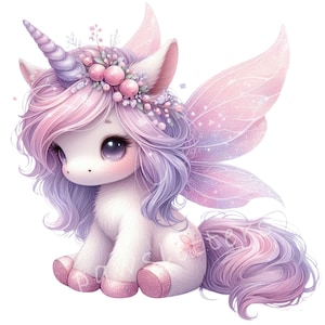 May include: A cute, pink and purple fairy unicorn with a flower crown and iridescent wings. The unicorn has a white body and a pink and purple mane and tail.