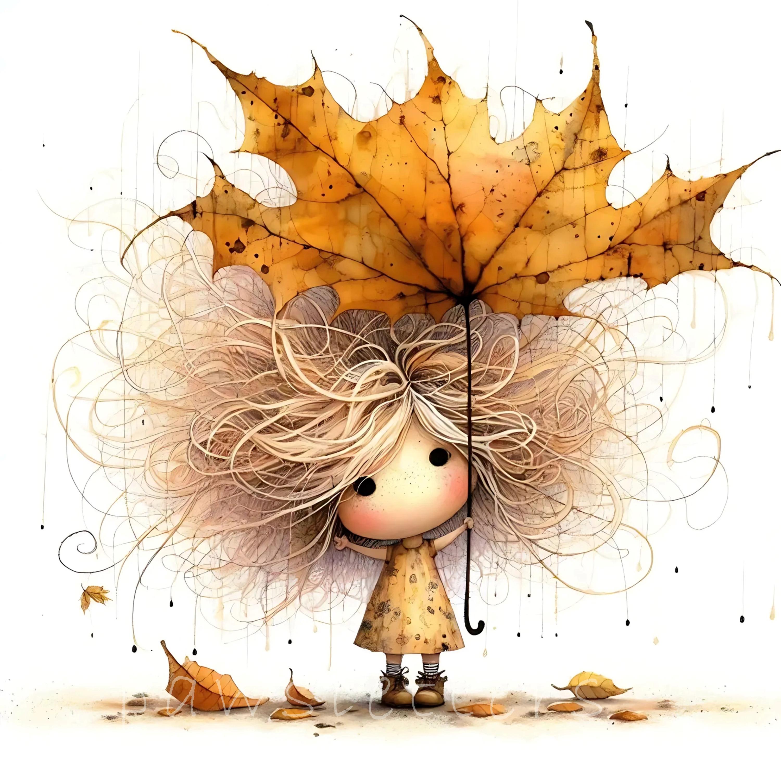 Giant Leaf Umbrella Clipart | 10 Quirky Fall Girls JPG | Cozy