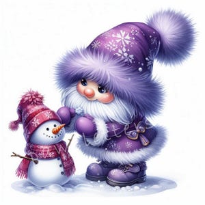 Clip Art de gnomo de boneco de neve roxo 10 JPGs de aquarela de alta resolução para diário de lixo, álbum de recortes, cartões de Natal, download digital, fantasia, caprichoso