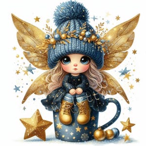 Twinkling Star Fairy Gnomes Clipart 10 High Res aquarel JPGs kerstkaarten, digitale download, Xmas Fantasy, Winter vakantie geschenken tags