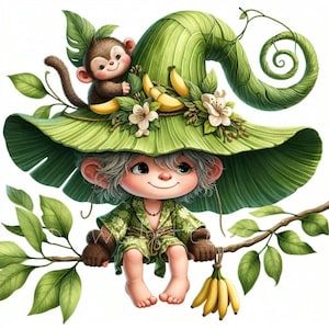 Clipart nain de la jungle tropicale, 10 fichiers JPG de haute qualité, gnomes acation, aquarelle pour chambre d'enfant nain d'été, gnomes tropicaux, usage commercial gratuit