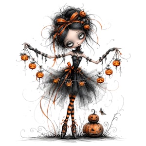 May include: A stylized illustration of a character with messy black hair, wearing a black dress with orange ribbons, holding a string of small glowing orange jack-o'-lanterns. Two larger jack-o'-lanterns sit at the base with striped stockings.