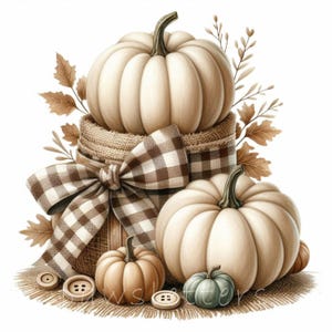 May include: A watercolor illustration of a fall-themed arrangement. It features several white pumpkins of varying sizes, a burlap-wrapped container with a brown and white checkered bow, and decorative leaves. Wooden buttons and a small teal pumpkin add detail.