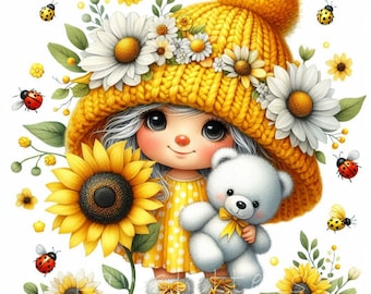 Clipart de gnomo de girasol / Juego de 10 JPEG de alta calidad de 300 DPI / Gnomo de jardín caprichoso / Arte imprimible / Decoración de guardería / Uso comercial