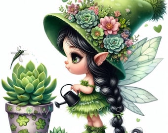 May include: A green fairy with a green hat adorned with flowers and succulents, holding a watering can and tending to a succulent plant in a pot.
