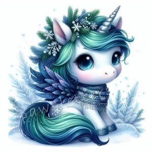 Frosted Fir Unicorn Clip art 10 High Res Watercolor JPGs, Junk Journal, Scrapbook, Christmas Cards, Gifts Tags, Holiday Crafts Printables