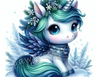 May include: A white unicorn with a blue and green mane and tail, wearing a blue and white scarf and a wreath of green pine branches and snowflakes. The unicorn has blue eyes and a silver horn. The background is white with a few blue snowflakes.