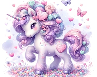 May include: A purple and pink unicorn with a rainbow mane and tail. The unicorn is standing on a bed of colourful candy hearts. The unicorn has a heart-shaped charm on its leg that says "Cinnamom Dreams".