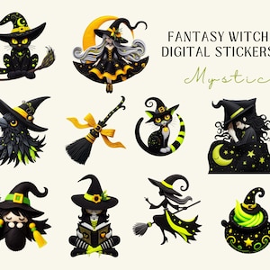 Witchy Digital Sticker Pack, Black Witch PNG Stickers, Spiritual Stickers For Witchy Planner, Tarot Card Ipad Digital Planner Stickers