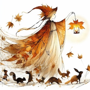 May include: An illustration of a figure in a flowing dress and leaf-shaped cape and hat, holding a lantern. The figure is surrounded by falling leaves and small woodland creatures in shades of brown, orange, and white.