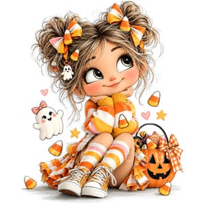 May include: A cartoon illustration of a character with messy brown hair in two buns, wearing an orange and white striped sweater, matching skirt, and sneakers. The character is surrounded by candy corn, a small ghost, and a jack-o'-lantern bucket.