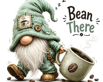 Lot de 19 images clipart de gnomes du café amusants (format JPG) pour vos loisirs créatifs, décorations de cuisine et de bar à café.