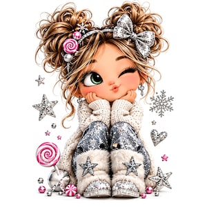 Puede incluir: Un personaje de dibujos animados con cabello castaño en dos moños, vistiendo un suéter crema y pantalones plateados con estampado de estrellas y botas peludas. Rodeado de estrellas brillantes, copos de nieve, un corazón y piruletas.