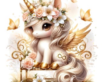 May include: A charming illustration of a white unicorn with a golden horn, wings, and hooves. The unicorn is decorated with a floral crown of roses and lilies. Butterflies flutter around the unicorn, which is seated on a golden bench.