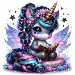 Mystical Unicorn Reading Book Clipart | Set of 10 | High Quality 300 DPI JPEGs | Dark Unicorn Clip art | Cute Unicorn Fantasy Nursery Decor