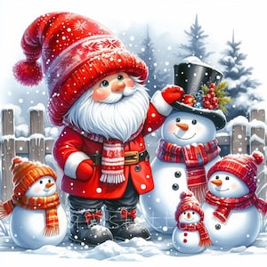 Gnomo y la familia del muñeco de nieve: 10 archivos JPG de acuarela de alta resolución para diario basura, álbum de recortes, lindas tarjetas navideñas de gnomos, descarga digital, fantasía