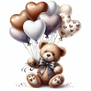 Watercolor Teddy Bear Clipart with Balloons | Set of 10 | High Quality 300 DPI JPEGs | Romantic Teddy Bear Designs for Baby Shower & Crafts