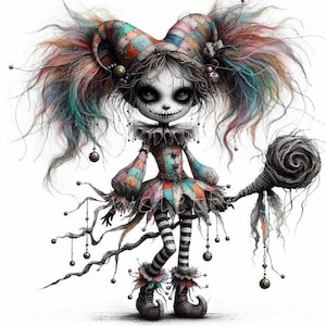 May include: A whimsical illustration of a jester with a colorful patchwork costume, black and white striped stockings, and a black and white jester hat. The jester is holding a black and white twisted stick with a black ball on the end. The jester has a mischievous grin and large, dark eyes.