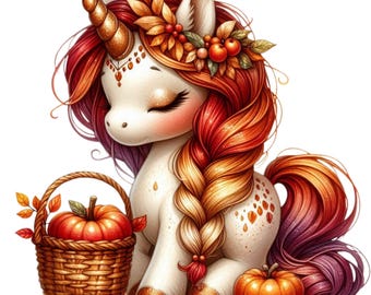 Hello Autumn Harvest Unicorn Clipart | Set of 10 PNGs | Baby Unicorn Fall Holidays | Cute Unicorn Autumn Fall Digital Crafts, Commercial Use