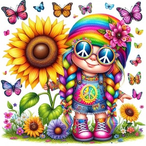 Clipart groovy floral gnomes | Lot de 10 | JPEG 300 ppp haute qualité | Art rétro de gnome de la paix | Gnome punk mignon signe de la paix | Graphismes hippies