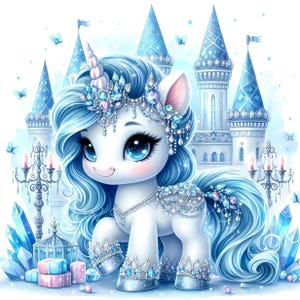 Einhorn und Schloss Clipart, Pastell Einhorn JPG, Aquarell Einhörner Clipart Pegasus - Clipart für Kinder, Papierhandwerk, unbegrenzte Verkaufslizenz