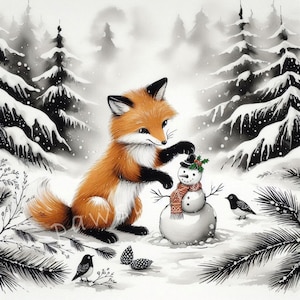 Christmas Fox and the Snowman Clipart, 10 High Res Watercolor JPGs, Boho Christmas Cards, Digital Download, Commercial Use, Junk Journal