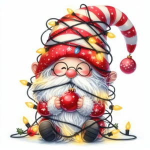 Luces navideñas con gnomos enredados. Clipart. 10 archivos JPG de acuarela de alta resolución para diario basura, álbum de recortes, tarjetas navideñas, descarga digital, fantasía