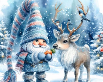 Gnome and the Reindeer Clipart 10 High Res Watercolor JPGs for Junk Journal, Scrapbook, Christmas Cards, Digital Download,Fantasy, Whimsical
