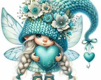 May include: A blue fairy with white hair and a blue knitted hat holds a sparkly blue heart. She has delicate wings and a floral crown.