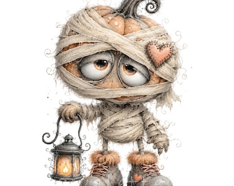 May include: A cartoon pumpkin character wrapped in beige bandages like a mummy, featuring large brown eyes, a stitched heart patch, and wearing grey boots with fur trim. The character holds a black metal lantern with a glowing orange light.
