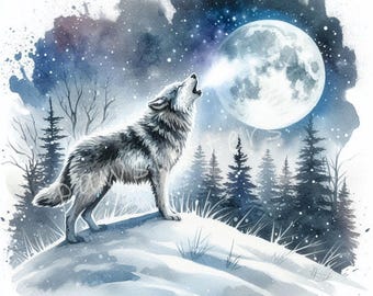 Winter Wolf Howling Clipart 10 High Res Watercolor JPGs for Junk Journal, Scrapbook, Christmas Cards, Digital Download, Winter Holiday Art