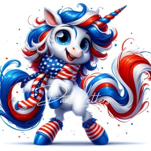 Quirky Patriotic Unicorn Clip Art 10 High Res Watercolor JPGs Junk Journaling, Scrapbook, Card Making, Digital Download, Fantasy, Whimsical