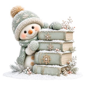 May include: A snowman wearing a sage green knit hat with a pom-pom and a matching scarf, leaning against a stack of four sage green books. The books are decorated with wooden snowflake ornaments and dusted with snow, surrounded by winter greenery.