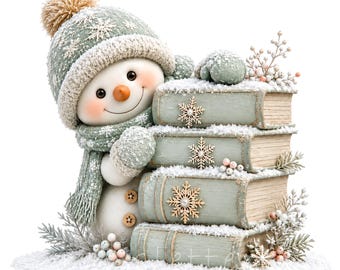May include: A snowman wearing a sage green knit hat with a pom-pom and a matching scarf, leaning against a stack of four sage green books. The books are decorated with wooden snowflake ornaments and dusted with snow, surrounded by winter greenery.