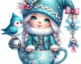 May include: A blue and white ceramic teacup with a snowflake design. A small girl with white hair and a blue hat sits inside the cup. A blue bird with a silver bell sits on the rim of the cup.