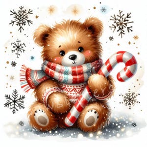 Ours festif avec une canne en bonbon 10 images JPG aquarelles haute résolution Animaux d'hiver mignons, Art des Fêtes, Imprimables artisanat d'ours en peluche de Noël